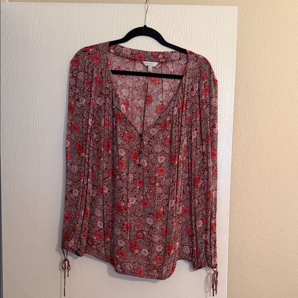 Lucky Brand Floral V-Neck Blouse - Red and White